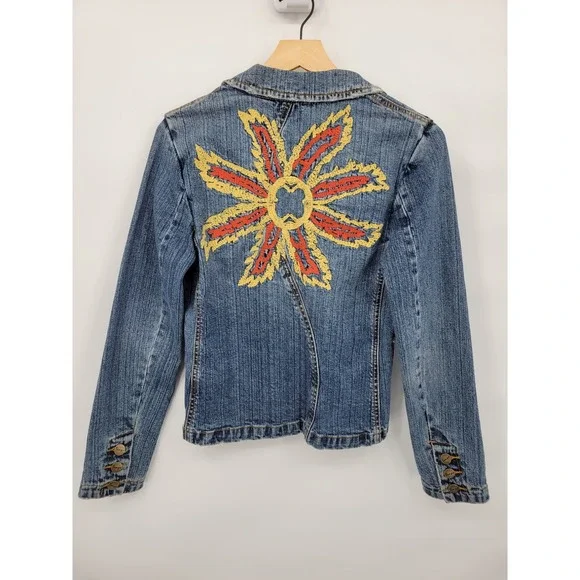 Tempo 2 Denim Jean Jacket Embroidered Collared Yellow Red Y2K 90s Cotton Flower - Picture 2 of 10